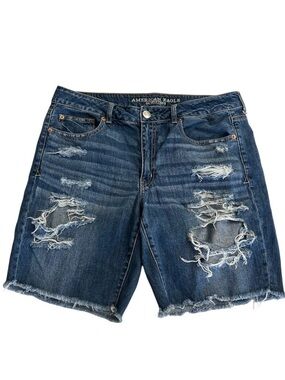 American Eagle Distressed Denim Midi Shorts Size 12 Cut Off Blue 100% Cotton